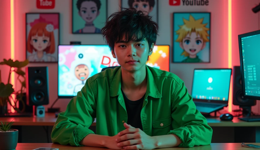 Ek asa ladka banao jo dikhne me 24 saal ka ho , aur wo green colour ke pakde pehen ke ho aur wo apne studio me betha ho , aur uske same uska studio table ho , aur uska eye contact viewer ke sath ho , aur uske background me anime ke poster, YouTube ke saman like Play button, lighting wagera rehna chahiye , anime style