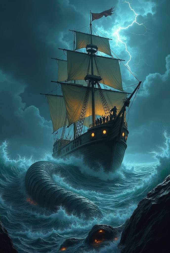 A grand wooden galleon battles the fury of a raging storm in the middle of the night, its massive sails torn and whipping violently in the howling wind. The dark, turbulent sea churns with enormous waves crashing against the ship's hull, while lightning flashes illuminate the chaotic scene. Above, the sky is a stark contrast, filled with stars that peek through gaps in the storm clouds. Emerging from the depths, a colossal sea monster with glowing eyes and writhing tentacles wraps itself around the galleon, attacking with ferocious strength. The crew, clad in drenched, weathered fantasy armor, fight desperately against the beast, their faces lit by the eerie glow of the monster’s bioluminescent skin. The image captures a dramatic, high-stakes moment, blending realism with dark, fantastical elements.