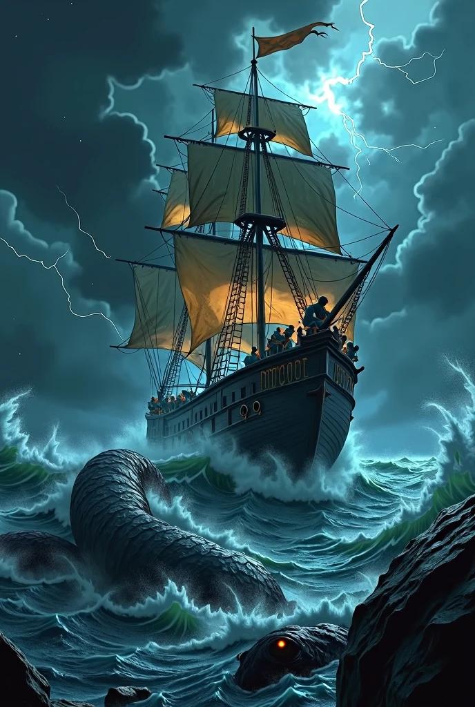 A grand wooden galleon battles the fury of a raging storm in the middle of the night, its massive sails torn and whipping violently in the howling wind. The dark, turbulent sea churns with enormous waves crashing against the ship's hull, while lightning flashes illuminate the chaotic scene. Above, the sky is a stark contrast, filled with stars that peek through gaps in the storm clouds. Emerging from the depths, a colossal sea monster with glowing eyes and writhing tentacles wraps itself around the galleon, attacking with ferocious strength. The crew, clad in drenched, weathered fantasy armor, fight desperately against the beast, their faces lit by the eerie glow of the monster’s bioluminescent skin. The image captures a dramatic, high-stakes moment, blending realism with dark, fantastical elements.