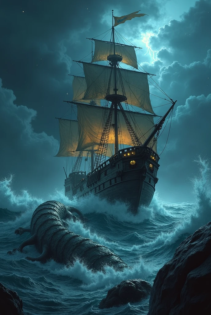 A grand wooden galleon battles the fury of a raging storm in the middle of the night, its massive sails torn and whipping violently in the howling wind. The dark, turbulent sea churns with enormous waves crashing against the ship's hull, while lightning flashes illuminate the chaotic scene. Above, the sky is a stark contrast, filled with stars that peek through gaps in the storm clouds. Emerging from the depths, a colossal sea monster with glowing eyes and writhing tentacles wraps itself around the galleon, attacking with ferocious strength. The crew, clad in drenched, weathered fantasy armor, fight desperately against the beast, their faces lit by the eerie glow of the monster’s bioluminescent skin. The image captures a dramatic, high-stakes moment, blending realism with dark, fantastical elements.