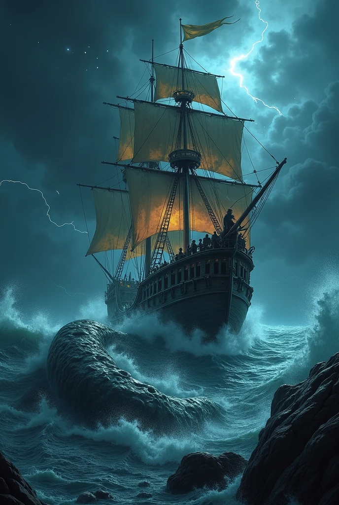 A grand wooden galleon battles the fury of a raging storm in the middle of the night, its massive sails torn and whipping violently in the howling wind. The dark, turbulent sea churns with enormous waves crashing against the ship's hull, while lightning flashes illuminate the chaotic scene. Above, the sky is a stark contrast, filled with stars that peek through gaps in the storm clouds. Emerging from the depths, a colossal sea monster with glowing eyes and writhing tentacles wraps itself around the galleon, attacking with ferocious strength. The crew, clad in drenched, weathered fantasy armor, fight desperately against the beast, their faces lit by the eerie glow of the monster’s bioluminescent skin. The image captures a dramatic, high-stakes moment, blending realism with dark, fantastical elements.