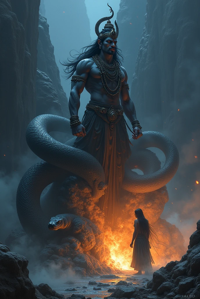 Lord Mahadev is in his fierce form, and behind him, there is a terrifying black snake. During that time, Mahadev is blessing his beloved devotee.