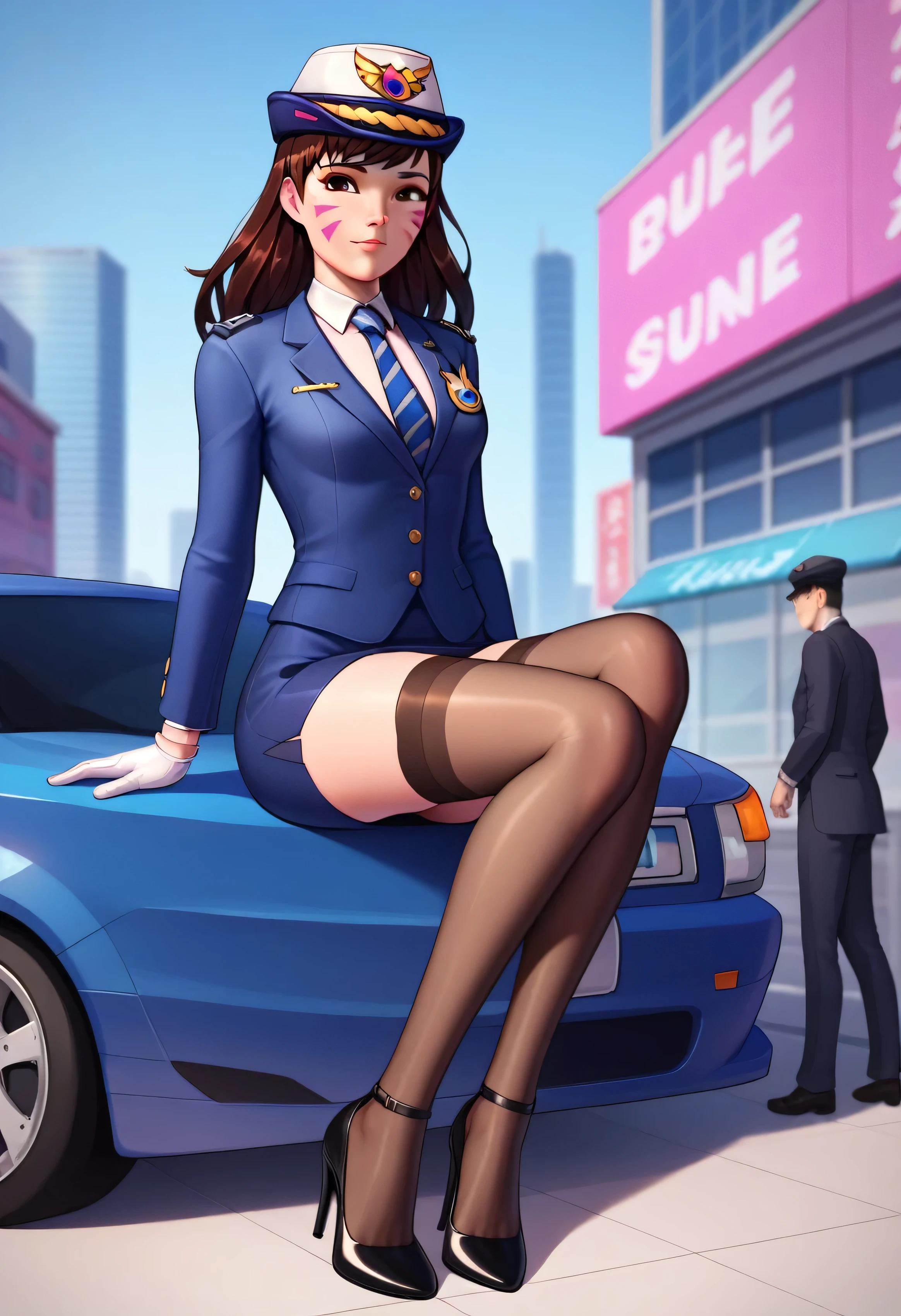 score_9, score_8_up, score_7_up, 1girl, solo focus, officerdva, d.va (overwatch), white gloves, high waisted skirt, bodycon pencil skirt, stockings,  pink whiskers, sitting on police cruiser, city downtown, long sleeves, high heels, (((blazer))), (((suit jacket))), epaulettes, formal, skirt suit