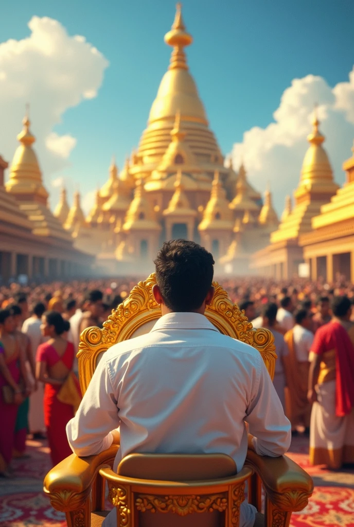 30 years old tamilnadu man sitting in gold chair and wearing white shirt in sky world in the middle of the crowd people's dramatic background golden temples with large crowd