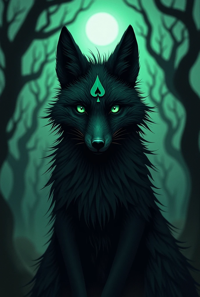 Rin々The face of a black furry fox is facing forward.、Feeling darkness and fear、Feel infinite、it has a large spade motif.、Slightly illustration-like