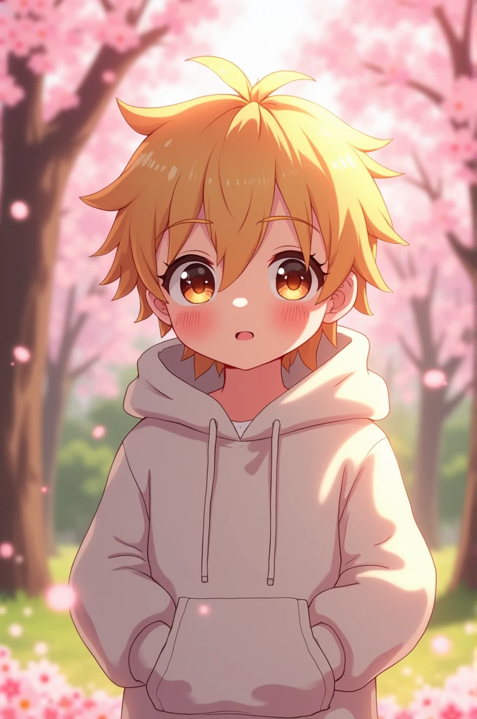 Child like anime guy with blonde hair and a white hoodie