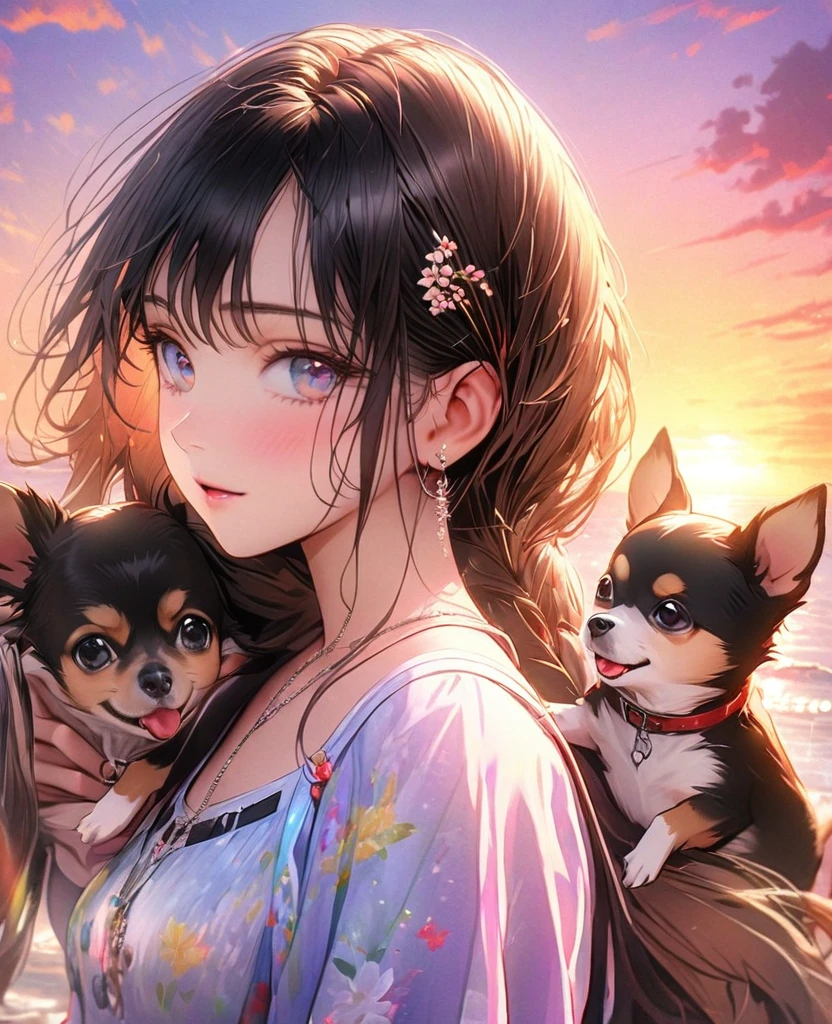 8k,Ephemeral beauty，Very delicate and beautiful,Beautiful and realistic skin,,Black Hair、Long and colorful hair,Beautiful Eyes,good,Beautiful sunset、dog(Chihuahua)hug、dogクリーム色、浜辺をdogと散歩、casual
