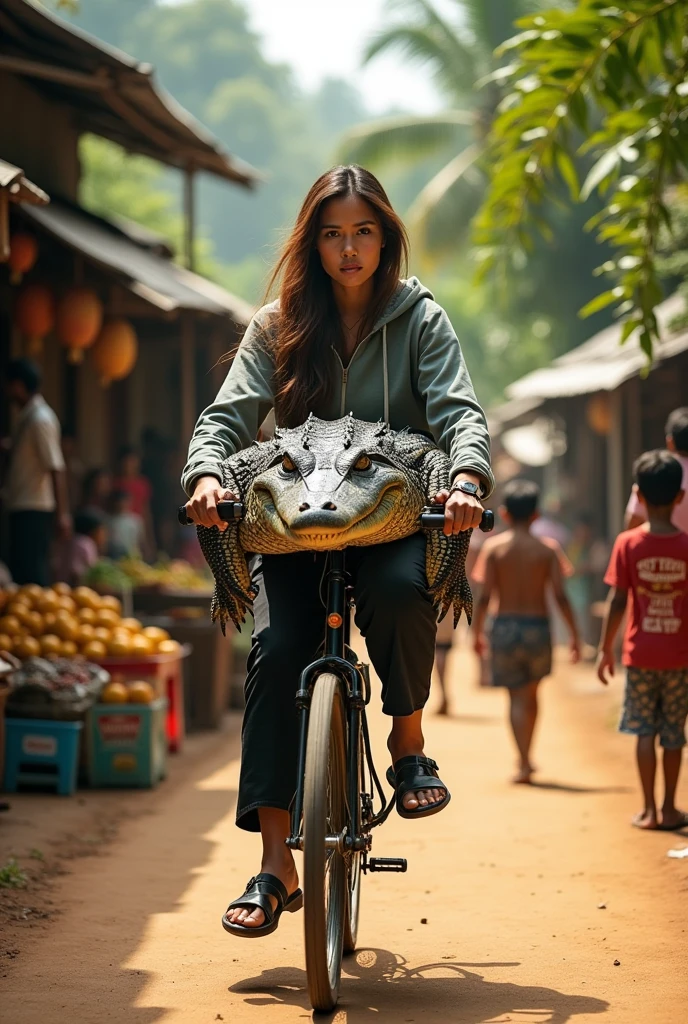 A beautiful Indonesian woman, loose hair, wear a hoodie and wear long pants, wearing black shoes, Riding a bike while carrying a giant crocodile on his shoulders, Hold the thing with your left hand., on the village streets, Many people, minim diffect, ultra details