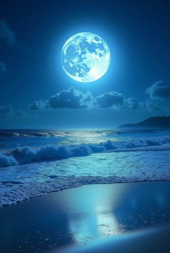 Night, blue moon, sea, beach, beautiful in detail, beautiful, fantastic, quiet waves
