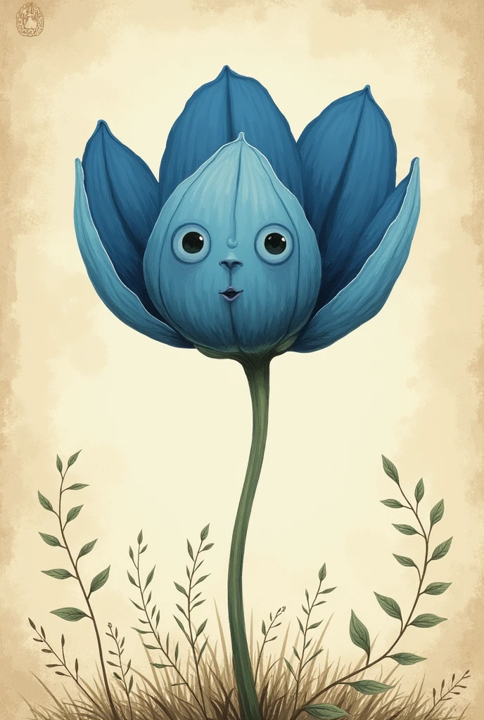 An illustration of a flower with blue petals ,with a sad and minimalist face,vintage book style illustration