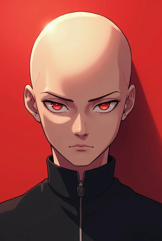 A man with red eyes and no hair on his head. A detailed anime-style portrait of a young character standing with no hair on his head. His face looks clear. He naturally looks straight ahead. It can be seen that he is not wearing any clothes, the plane in the background is one color