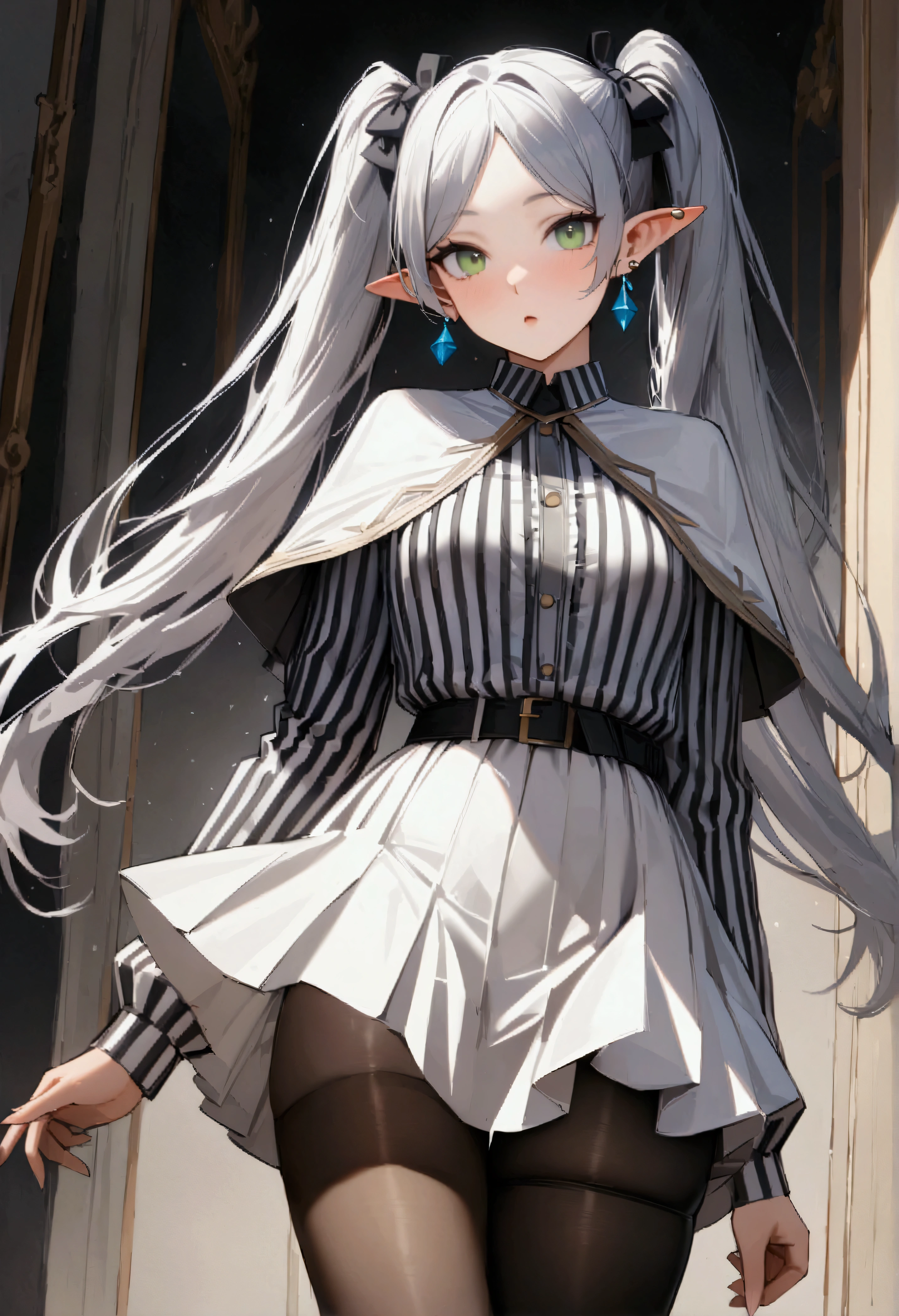 FrierenCasual, striped shirt, white capelet, black belt, white skirt, long sleeves, black pantyhose,brown boots,HSDS, FrierenSSnF,grey hair, long hair, green eyes, twintails, parted bangs, earrings, pointy ears, small breasts, Score_9, Score_8_up, Score_7_up, Score_6_up, Score_5_up, Score_4_up, BREAK,1girl in full growth, best quality, masterpiece, ultra-detailed, high quality,good quality,1 girl,(master piece,high resolution, ultra detailed,8K,16K),look at viewer