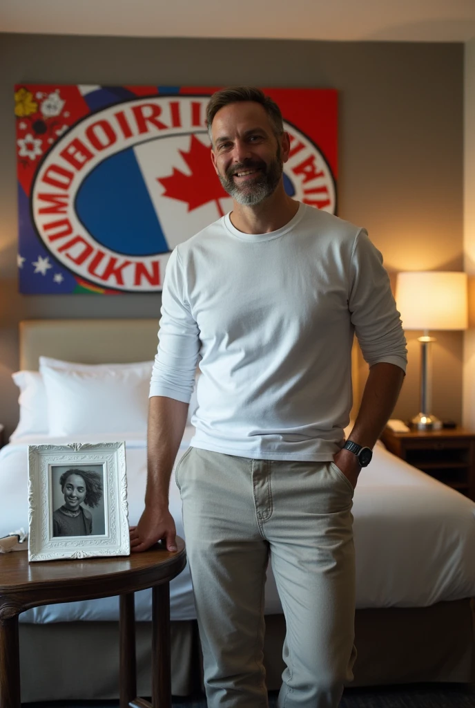 Homme caucasien grand de taille, charmant, un peu costaud, habillé en pantalon et tee-shirt manche longue, assis ou adossé sur une table dans une grande chambre d'hôtel, sur la table qu'il y ait également un papier mouchoir déjà utilisé sur la table et sur le lit de l'hôtel qu'il soit déposer un grand cadre photo ou un cadre photo légèrement grand qu'il est possible de faire arrêter sur le lit et faire face à la caméra et sur le mur du chevet du lit un tableau sur lequel il est écrit en français : Melbourne AUSTRALIE et autour de la phrase qu'il y ait les emblèmes du CANADA QUÉBEC ou le drapeau du CANADA QUÉBEC