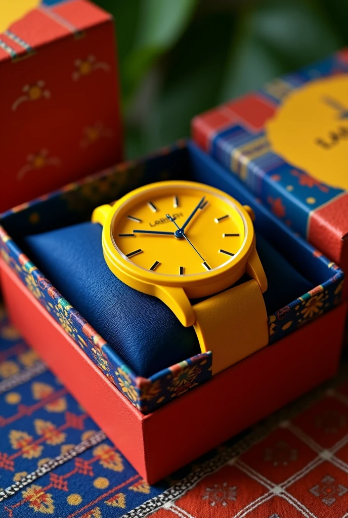 Create a yellow watch, put it in a box. Use the Philippine Flag as inspiration. Show the whole box, dont cut image. Make the whole watch color yellow
