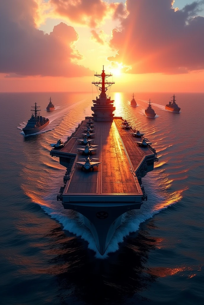 against the backdrop of a majestic sunrise,、A scene of the Kivotos Navy's fleet spread out on the sea.
The dawn sky is slowly々The sky begins to brighten,、the moment the sun rises is the background.。the sea surface is still slightly dark,、amidst the vast expanse of quiet waves,、The fleet is centered on a large aircraft carrier with a long, flat flight deck, making it stand out.。with multiple fighter jets lined up on the carrier's deck、bridge(Island)while the flight deck is firmly depicted on one side。bridgeにはレーダーアンテナやマストがあり、The aircraft carrier's features are clearly depicted。Surrounding the aircraft carrier are、multiple battleships and destroyers、giving the entire fleet a realistic and majestic atmosphere。with sunlight illuminating the entire fleet, including the aircraft carrier、their lights reflecting and shimmering on the sea surface,、symbolizing new hope that comes after the battle.。