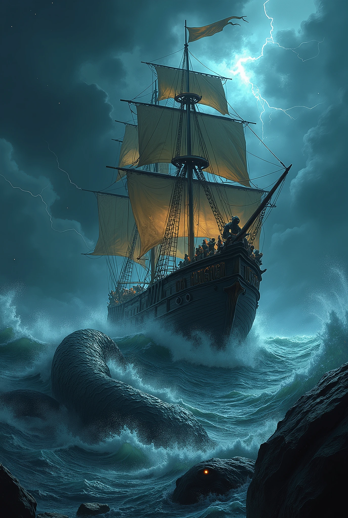 A grand wooden galleon battles the fury of a raging storm in the middle of the night, its massive sails torn and whipping violently in the howling wind. The dark, turbulent sea churns with enormous waves crashing against the ship's hull, while lightning flashes illuminate the chaotic scene. Above, the sky is a stark contrast, filled with stars that peek through gaps in the storm clouds. Emerging from the depths, a colossal sea monster with glowing eyes and writhing tentacles wraps itself around the galleon, attacking with ferocious strength. The crew, clad in drenched, weathered fantasy armor, fight desperately against the beast, their faces lit by the eerie glow of the monster’s bioluminescent skin. The image captures a dramatic, high-stakes moment, blending realism with dark, fantastical elements.