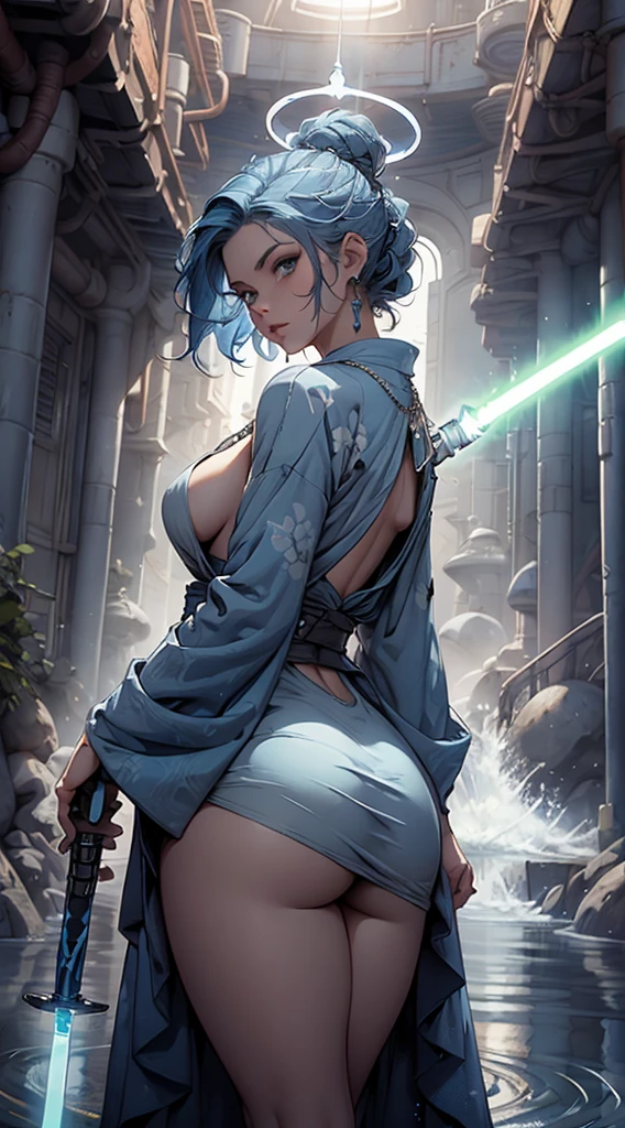 Jedi, lightsaber, tight , legs, alien, curvy, serious, blue lightsaber, (best quality)+, masterpiece+Blue hair length to the middle of the back, with a necklace and a blue and white dress, a halo of water above the head, scales visible on the body and face, nsfw
