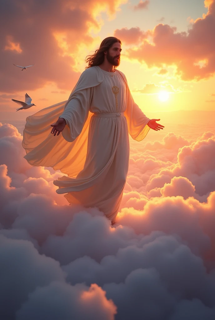 Jesus walking on the clouds towards the sunset