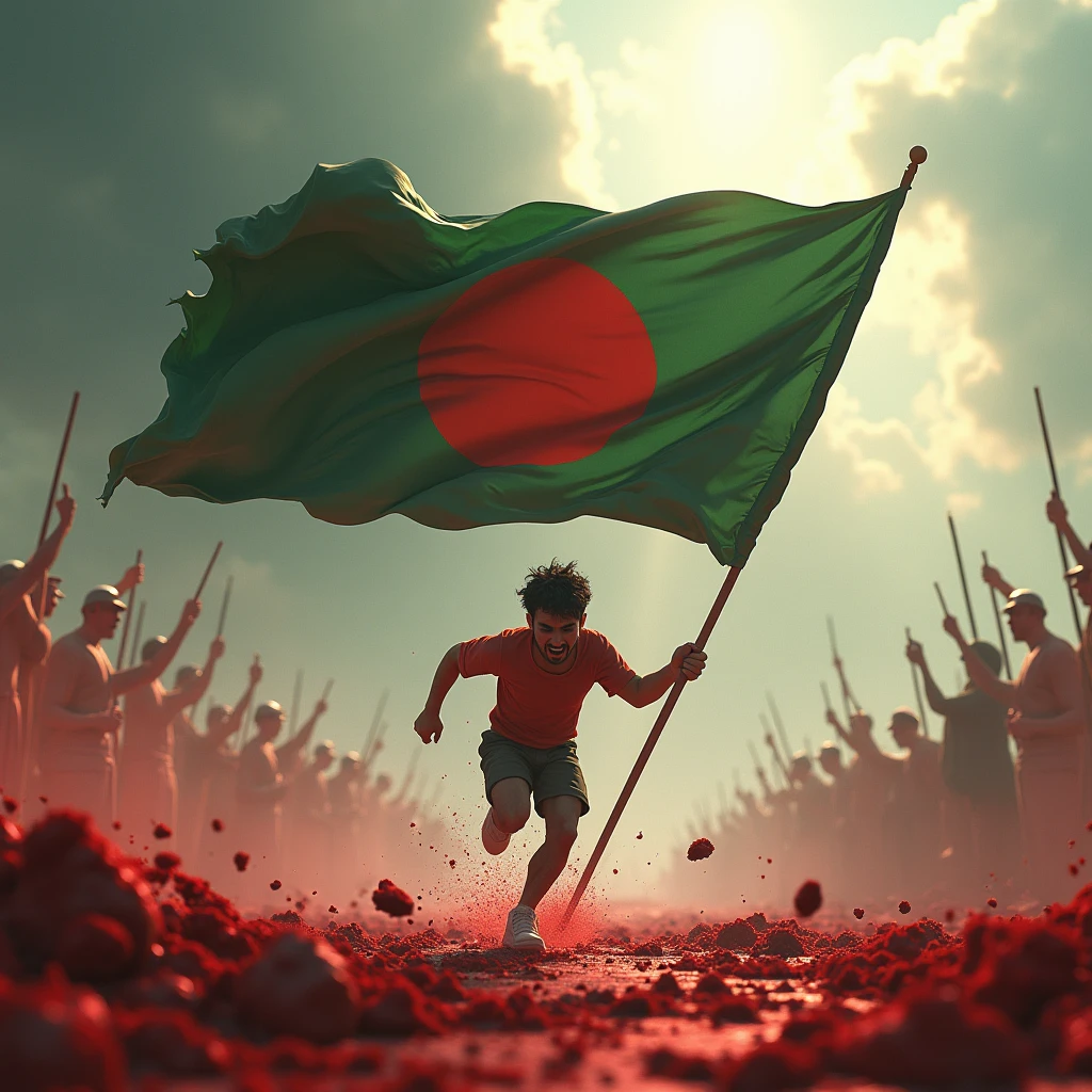 An 3D character is running with a Bangladeshi flag in his hand and the image behind him is a blood-stained map of Bangladesh.