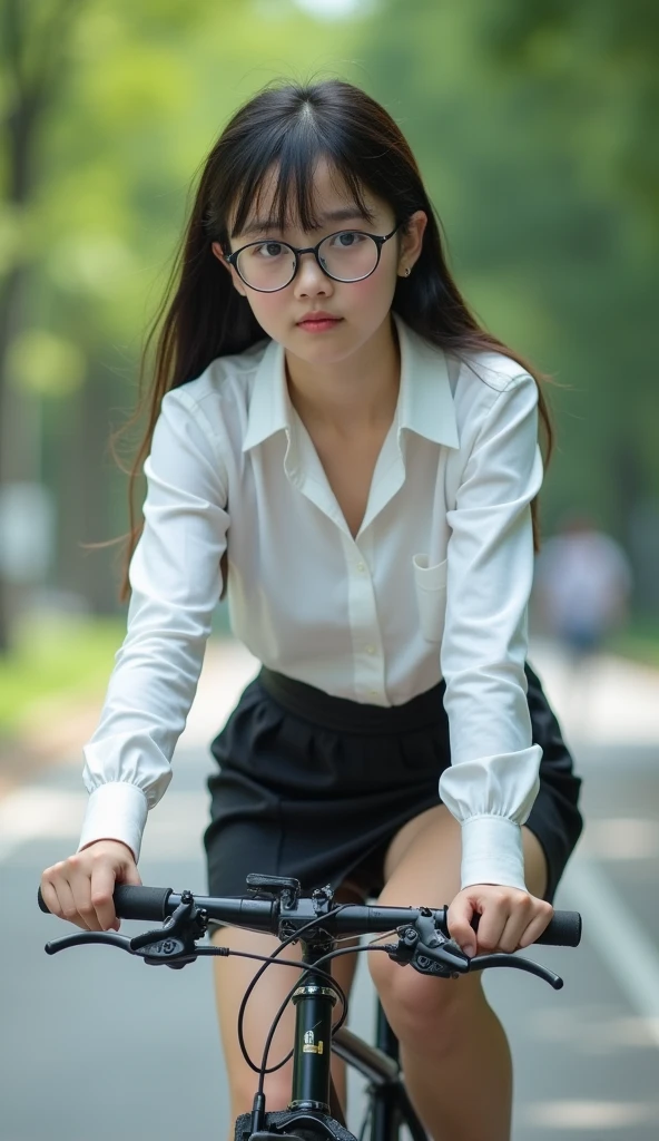 true photo, 12-years-old, Japanese girl, (riding bicycle on park road:1.4), wearing white blouse with collar and black skinny very short skirt, big breast, cleavage, (show white panties:1.6), without jacket, open some buttons to show brassiere, black skinny short skirt, (riding bicycle without helmet:1.2), sitting on bicycle saddle, (view including whole head and body and legs:1.4), weeping, crying, sad, dropping tears, thin and narrow waist 1belt, wearing thin and round frame glasses on face, brassiere seen through, standing in bright office, full body view, best quality, masterpiece, ultra high res, (photorealistic:1.4), brown eyes, double edged eyelids, slightly symmetric eyes, black long hair, (extremely detailed natural human skin), detailed natural human hair, detailed natural hum lips, looking at viewer, (detailed clothes:1.2), (extremely detailed eyes and face), 8k, RAW photo