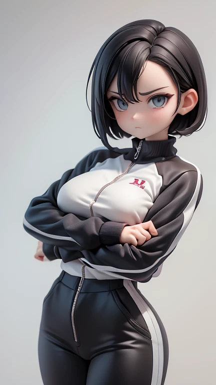 30-year-old woman、Adult women、Cool woman、slender、Sharp eyes、Angry、Screaming、sharp、female teacher、physical education teacher、Black Hair,、boyish、Shortcuts、Short cut、The forehead is visible、Forehead、Jersey、Tracksuits、Clothing patterns、Clothing Design、The front is open、whole body、