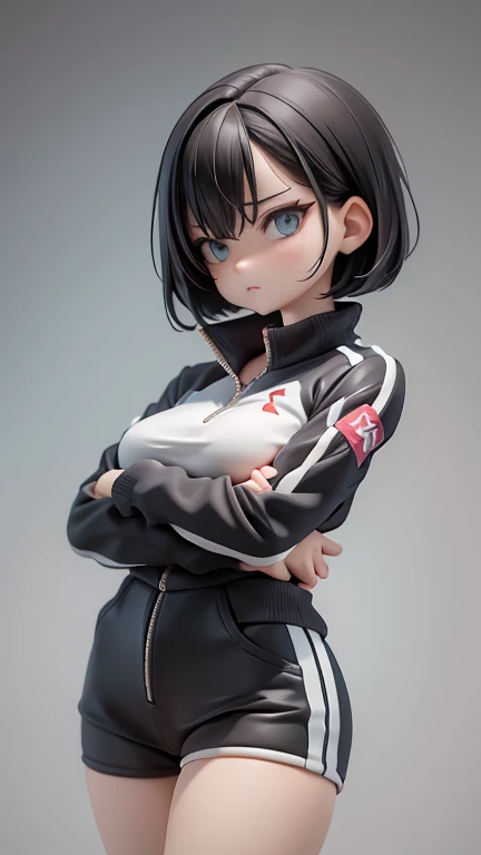 30-year-old woman、Adult women、Cool woman、slender、Sharp eyes、Angry、Screaming、sharp、female teacher、physical education teacher、Black Hair,、boyish、Shortcuts、Short cut、The forehead is visible、Forehead、Jersey、Tracksuits、Clothing patterns、Clothing Design、The front is open、whole body、
