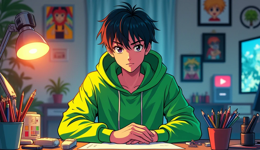 Ek asa ladka banao jo dikhne me 24 saal ka ho , aur wo green colour ke pakde pehen ke ho aur wo apne studio me betha ho , aur uske same uska studio table ho , aur uska eye contact viewer ke sath ho , aur uske background me anime ke poster, YouTube ke saman like Play button, lighting wagera rehna chahiye  , anime style
