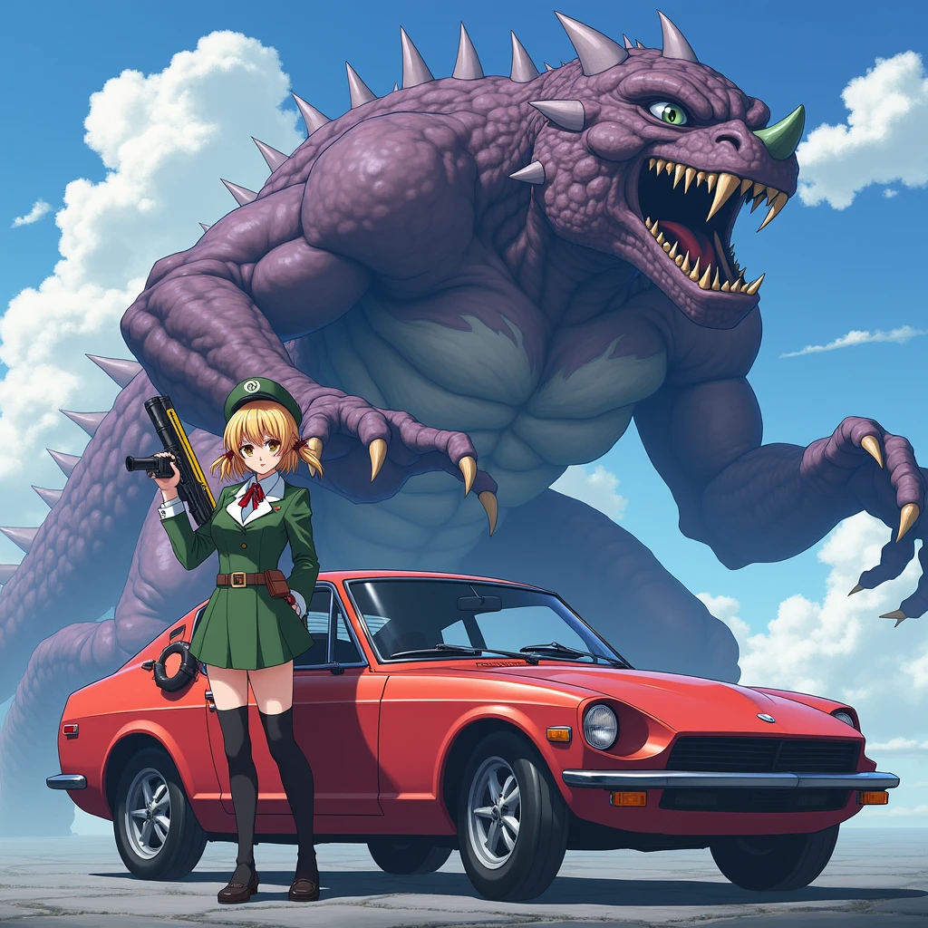 Japanese anime style。A beautiful girl in a uniform is standing next to a car, holding colorful sci-fi weapons。The girl fights the monster.