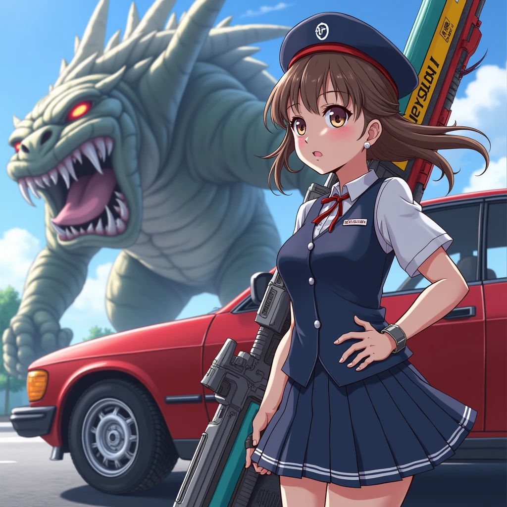 Japanese anime style。A beautiful girl in a uniform is standing next to a car, holding colorful sci-fi weapons。The girl fights the monster.