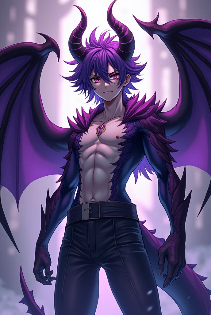 Anime style, 16k, highres, best quality, high quality, super detail, high details, accurate, masterpiece, UHD, 1male, solo, teenager boy, hybrid, heterohromia eyes, left pupil half blue - half red, right pupil violet, heterohriomia hair, left side hair dark gray, right side hair violet, a black mark from the eyebrow to the chin, violet natural cat ears on his head, violet dragon scales on legs, violet dragon scales on hands, violet dragon scales on neck, violet dragon scales on side torso, violet dragon tail on back waist, violet dragon wings on back, violet dragon eyes, violet dragon horns on head, villain pose, dark supervillain, short hair, angry look, calming standing, closed mouth, full body focus, look on viewer, natural white fur on legs,