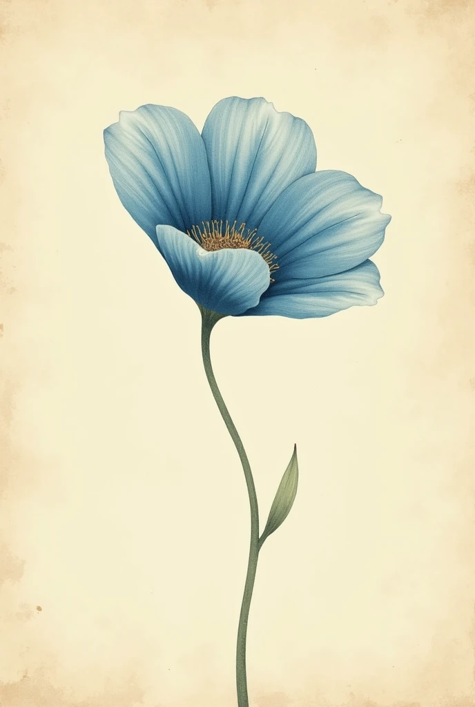 An illustration of a flower with blue petals ,with a sad and minimalist face,vintage book style illustration