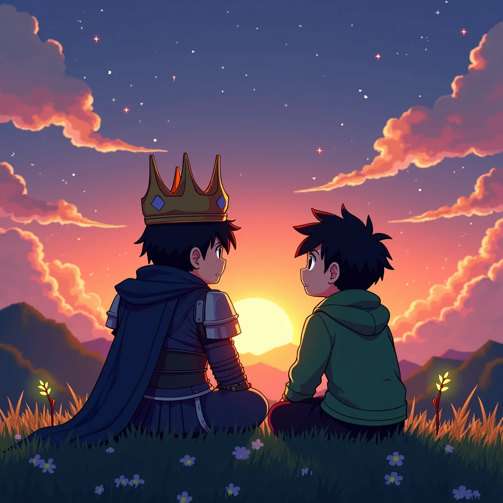Technoblade and Dream are Minecraft players. They are watching the sunset sitting on a hill. Create an anime image
