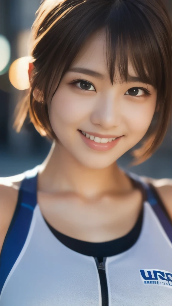 8k,Highest quality,(masterpiece:1.2),(Realistic),(Realistic:1.37),Ultra-high resolution,1 female college student,city,smile,Beautiful Eyes,(((Sportswear))),Perfect body,Perfect Fingers,Professional Lighting,gravure,Detailed face and skin texture,fine grain,RAW Photos