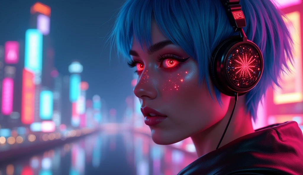 (Close-up of a better masterpiece: 1.5) 0.9], (beautiful synthwave woman: 1.2) (Short blue hair shaved on the side: 1.1) (red eyes: 1.2) ( headphones: 1.0) (Colored stars in the eyes: 1.0) (A radiant glow: 1.1) (thick lips: 0.9) in the background a synthwave city