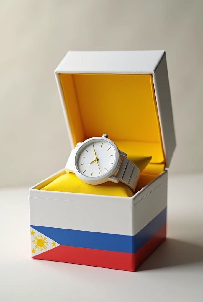 Create a white watch, put it in a box. Use the Philippine Flag as inspiration. Show the whole box, dont cut image. Make the whole watch color yellow