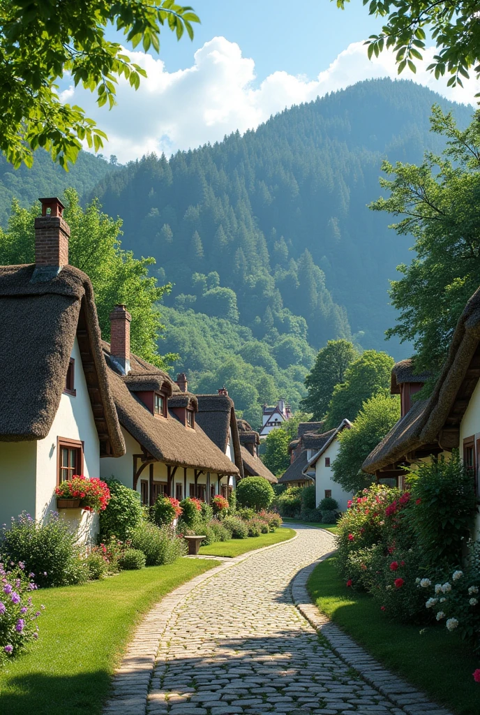 Show a picturesque village with simple houses, greenery, and a forest in the distance. The scene should convey a peaceful and serene environment.
