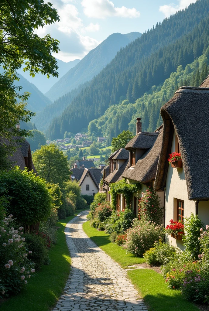 Show a picturesque village with simple houses, greenery, and a forest in the distance. The scene should convey a peaceful and serene environment.