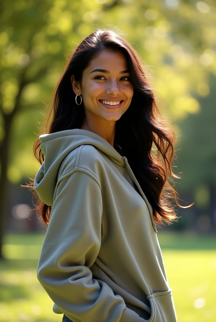 "A photorealistic portrait of a 20-year-old American woman plays in the park, showcasing her glossy black hair and warm brown eyes. She wears a, stylish outfit suitable for an afternoon outdoors, including a comfortable hoodie and jeans. The full-body shot captures her joyful spirit, with sunlight filtering through the trees, creating a serene and inviting atmosphere. The image is in 8k HDR, high detail, and high quality, with an expression of happiness and warmth as she looks toward the camera."