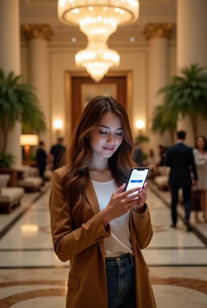 A girl guest in the hotel lobby uses a smartphone app to request early check-in, with a confirmation message on the screen.