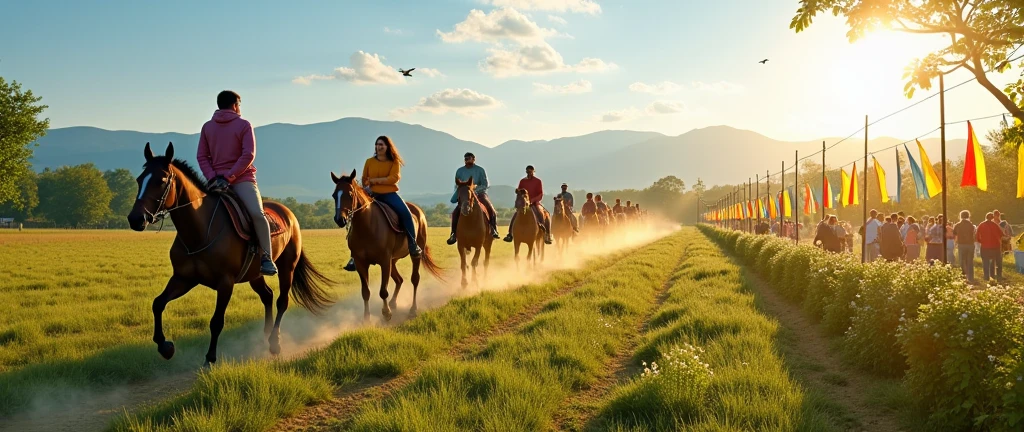 Create a realistic 8k banner that shows people on a horseback ride, other people from the church celebrating and other people planting.