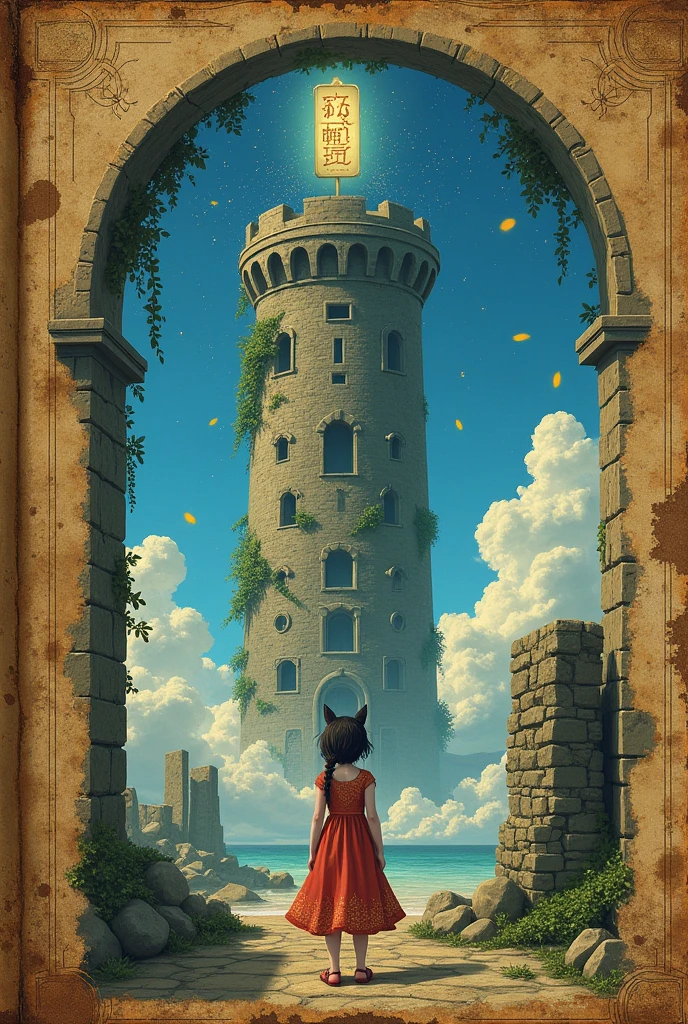 covers a book that looks old. In the middle there is a girl from the Neko race wearing a dress with a tower in the background, above her there is an inscription in an unknown language David and the team