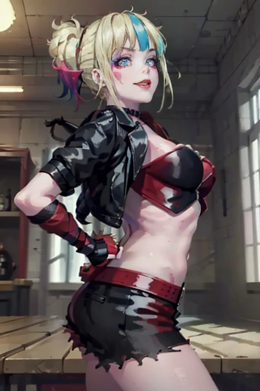 masterpiece, Best quality, a high resolution, 1 girl, hair braided in two short ponytails, very detailed eyes, Fine detail, Correct anatomy 1.1., Harley Quinn from Suicide Squad, open jacket, massive breasts, extremely large bosoms,with short sleeves shorts studded belt mesh belt chain gloves bracelet hand on hip, smile, woman, adult girl, real photos、smile, tmasterpiece, (pink kimono), seductive face, Ideal girl, perfect details, ultra HD |, 8 K, professional photo, anime style,