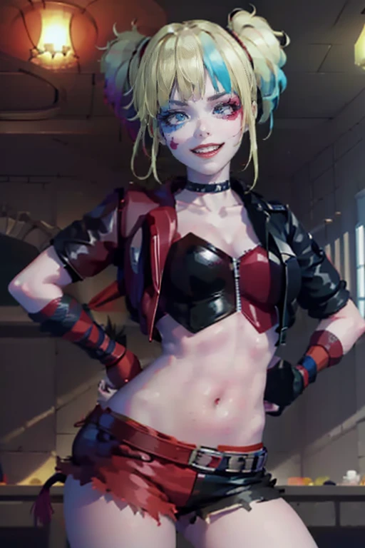 masterpiece, Best quality, a high resolution, 1 girl, hair braided in two short ponytails, very detailed eyes, Fine detail, Correct anatomy 1.1., Harley Quinn from Suicide Squad, open jacket, massive breasts, extremely large bosoms,with short sleeves shorts studded belt mesh belt chain gloves bracelet hand on hip, smile, woman, adult girl, real photos、smile, tmasterpiece, (pink kimono), seductive face, Ideal girl, perfect details, ultra HD |, 8 K, professional photo, anime style,