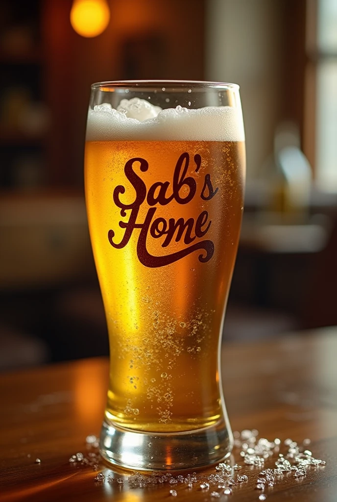 Sab's Home Logo on a Beer Glass: Printed on the bottom of a glass beer glass, just above the base, visible when serving the beverage.