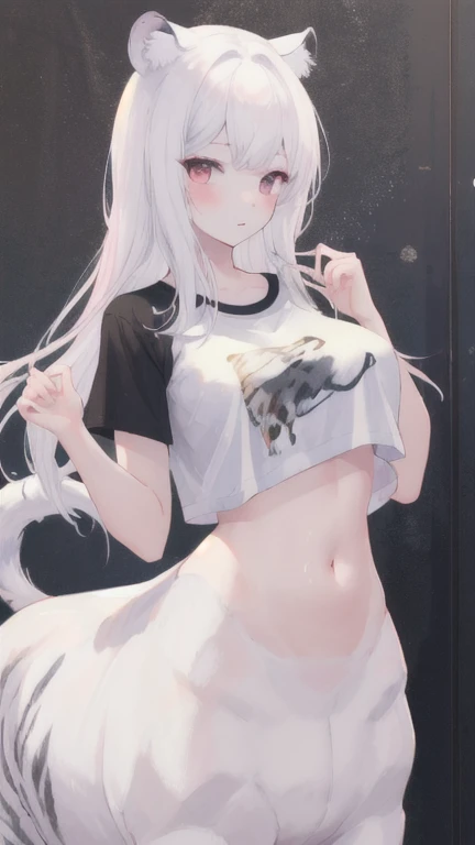 (best quality, masterpiece), 1 girl, centaur, I beg, White skin,  The school girl wearing,daughter,black pink, exposing the abdomen, belly button t-shirt , beautiful girl perfect, White tiger photo, 완벽한 White tiger photo