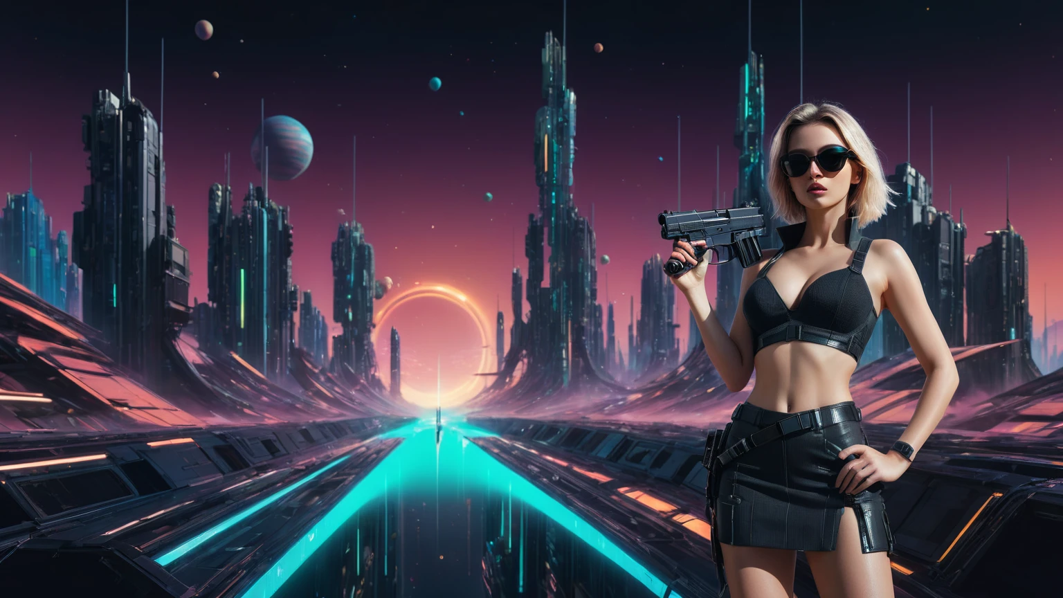 brightly colored abstract image of a space station with a spiral, epic beautiful space sci-fi, chaotic cinematic space rift, Greg Beeple, planets colliding, Beeple and Tim Hildebrandt, Beeple and Jean Giraud, end of the universe, galaxy space sci-fi, ringworld, (((flying cars))), by Mike "Beeple" Winkelmann. Matrix style, Matrix cascading code, a futuristic twin tower skyscraper with a unique twisted design, OLED GUI interfaces in the building, at night, (1girl, solo), photo realistic, large-breast:1.2 slim body, cleavage, off broken mini sling-shirt and black sling bra, miniskirt, (matrix style black sunglasses), (holding a short gun), half-body thigh level medium shot, cinematic lighting, ray tracing.