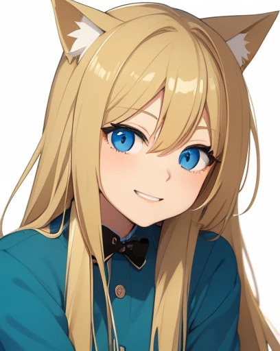 Anime girl with long blond hair. Blue eyes. Cat ears. In green pajama (smile 10)