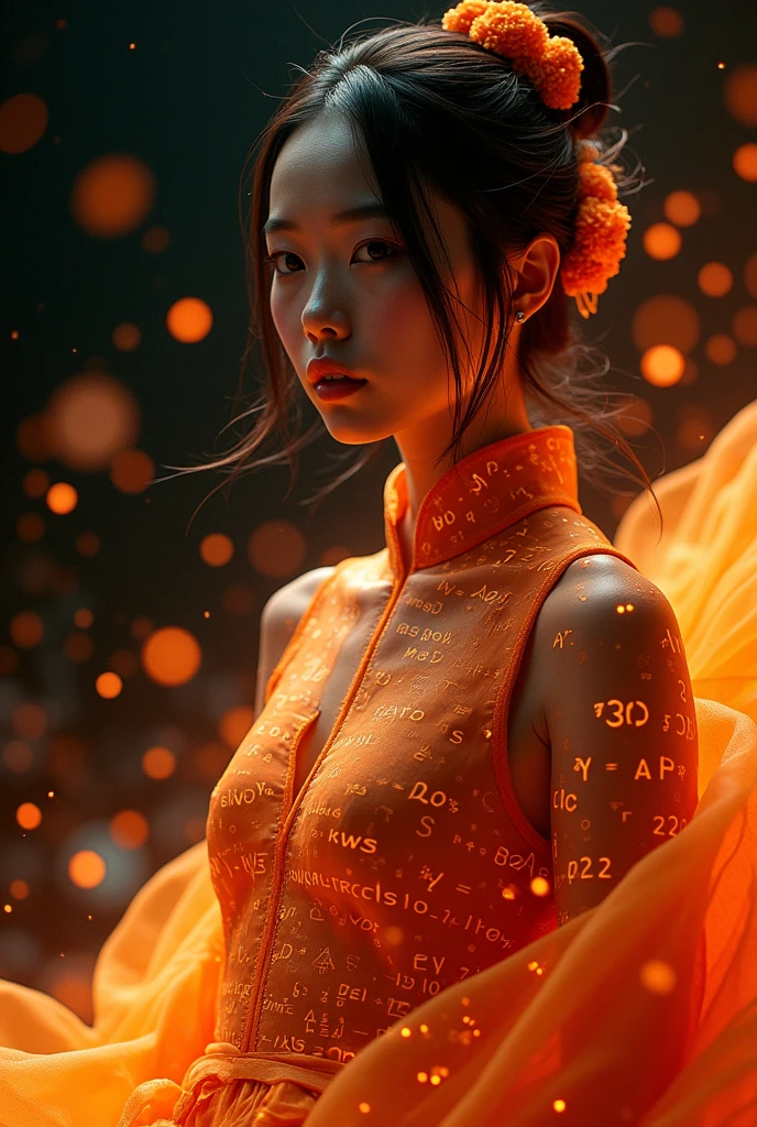 Dunhuang Girl, ,Dunhuang Clothing,Flying,Glowing orange holographic equations projected onto skin and clothing.. Strong gaze, Realistic features. Dark background, Cyberpunk aesthetics. Glowing math formulas, Handwriting style. Futuristic, High-tech atmosphere. Photorealistic rendering, Dramatic Lighting, In sharp contrast