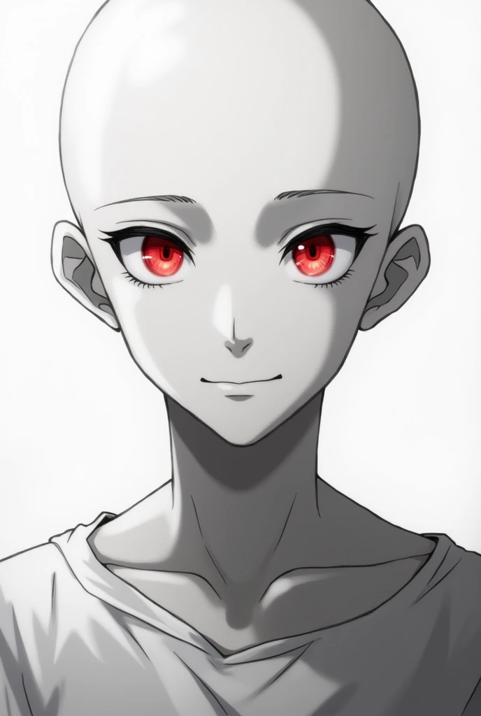 A man with red eyes and no hair on his head. A detailed anime-style portrait of a young character standing with no hair on his head. His face looks clear. He looks straight ahead with a naturally light smile. It can be seen that he is not wearing any clothes, the plane in the background is one color