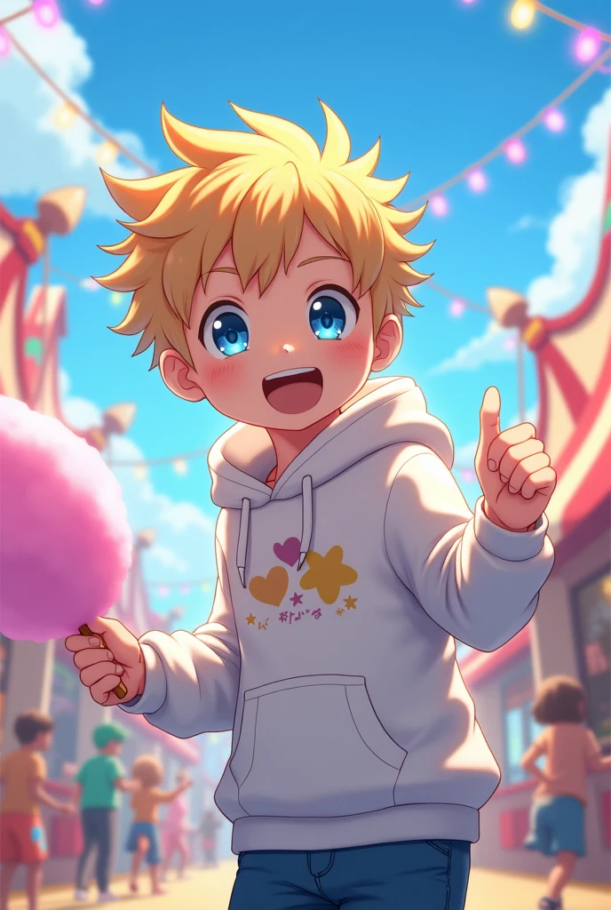 Childish anime guy with blonde hair and a white hoodie